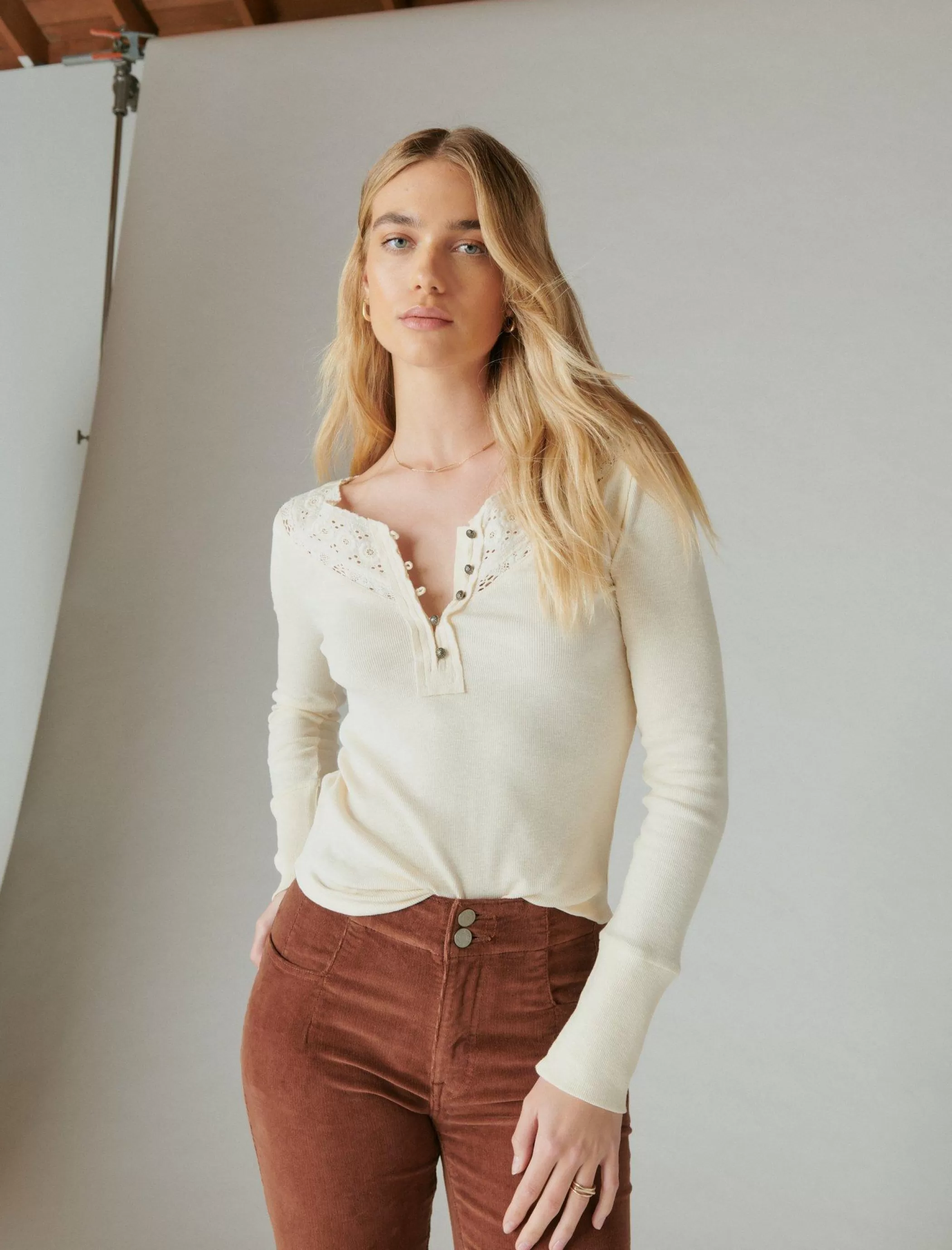 Lucky Brand Knit Tops*trim mix henley cream