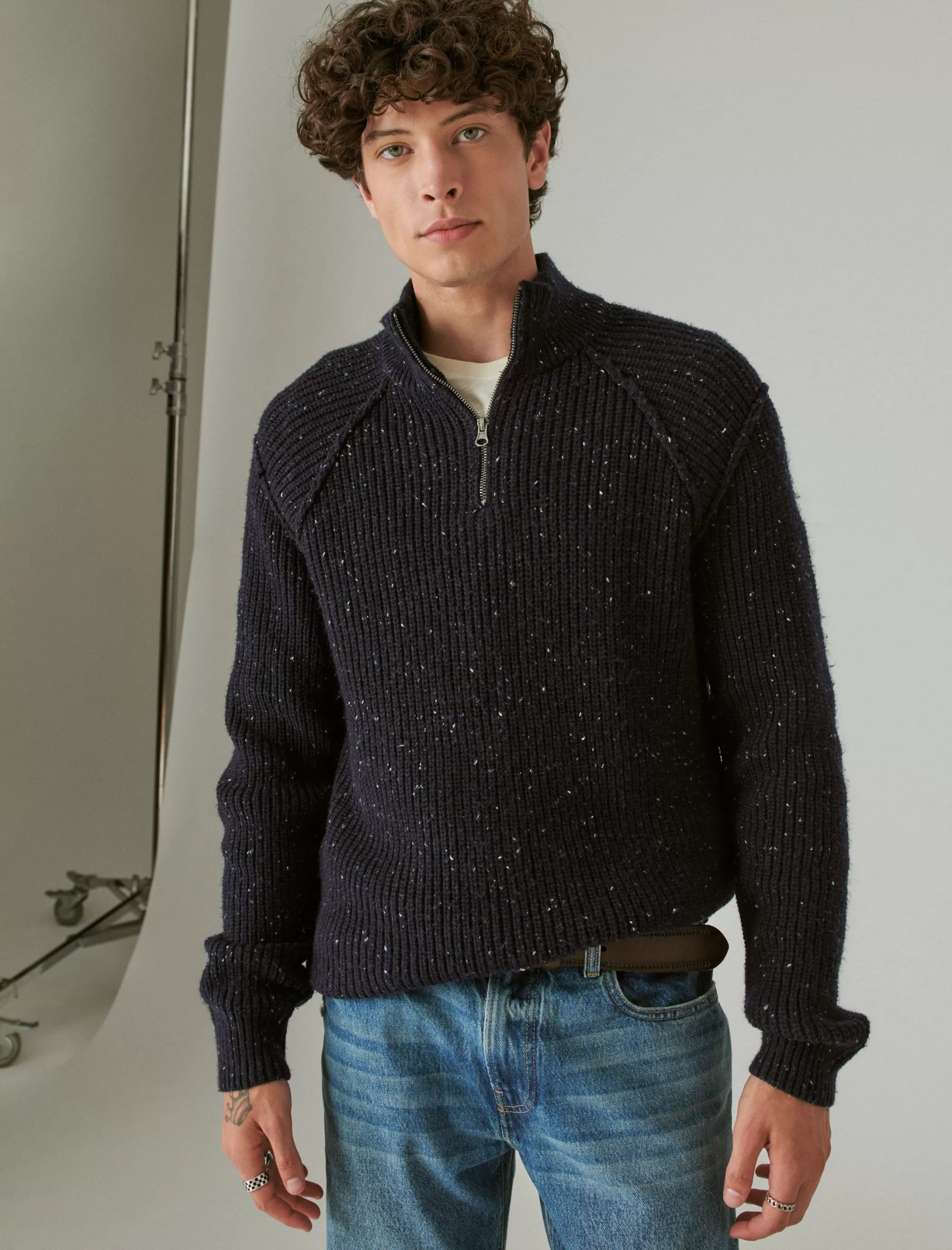 Lucky Brand Sweaters*tweed mock zip cadet navy